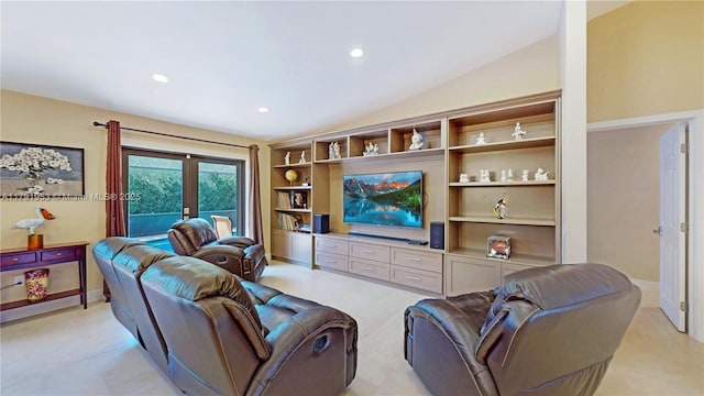 living room with recessed lighting and baseboards