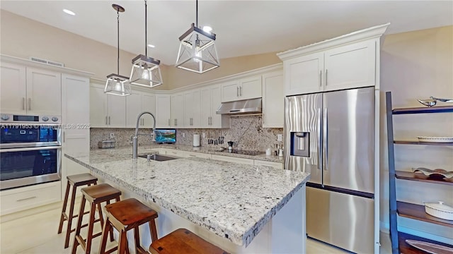 kitchen with white cabinets, appliances with stainless steel finishes, a sink, tasteful backsplash, and under cabinet range hood