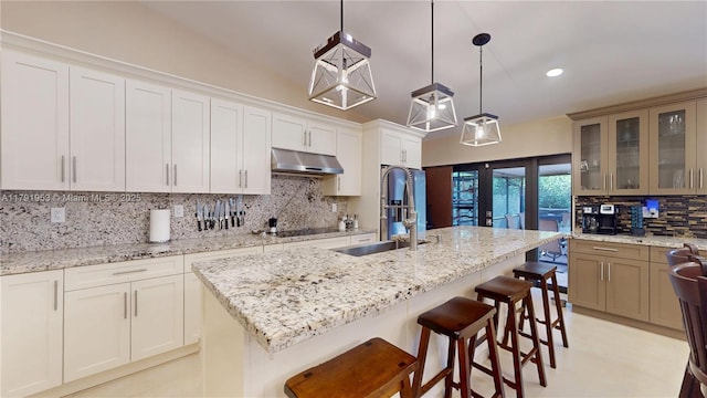 kitchen featuring a sink, a kitchen island with sink, decorative backsplash, under cabinet range hood, and glass insert cabinets