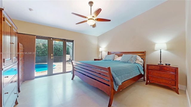 bedroom featuring french doors, ceiling fan, lofted ceiling, and access to outside