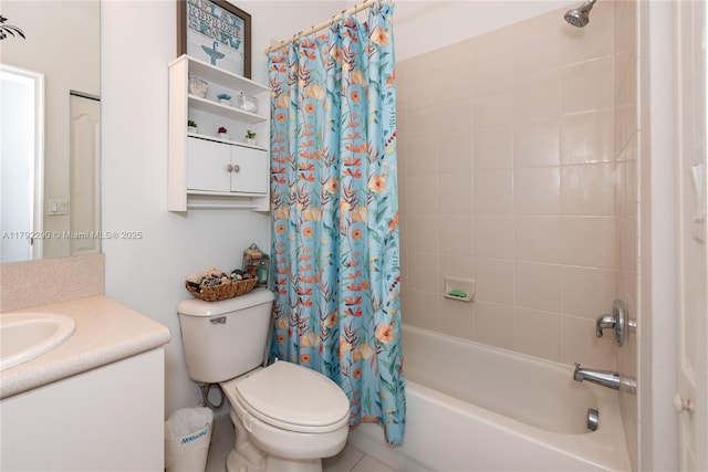 full bathroom with vanity, toilet, and shower / bath combination with curtain