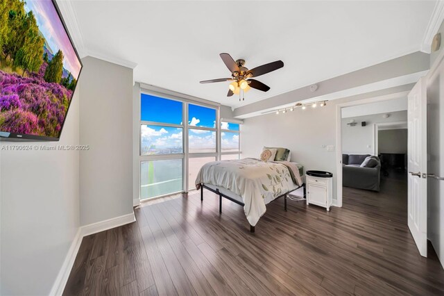 50 Biscayne Blvd Unit 4004, Miami, FL 33132 - bedroom with dark wood-style floors, ceiling fan, expansive windows, crown molding, and baseboards