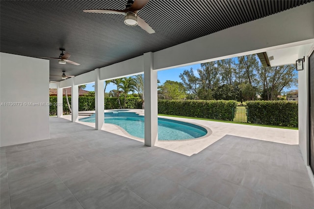 19601 E Saint Andrews Dr, Hialeah, FL 33015 - view of pool featuring fence, a ceiling fan, a patio, and a fenced in pool