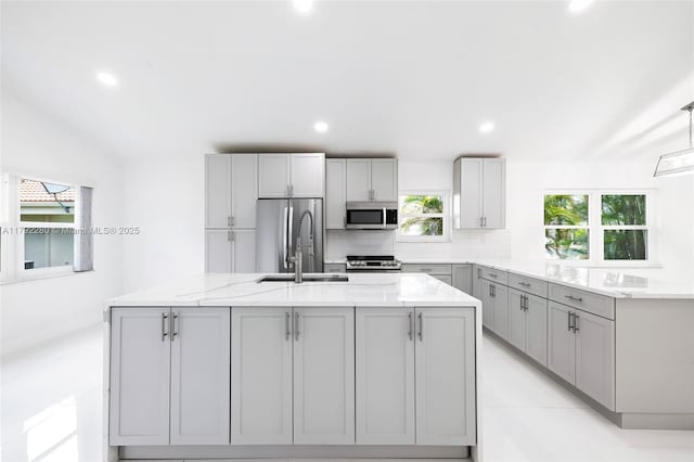 11069 Rios Rd, Boca Raton, FL 33498 - kitchen with appliances with stainless steel finishes, gray cabinets, recessed lighting, and tasteful backsplash