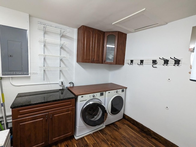 7431 SW 135th Ave, Miami, FL 33183 - laundry room featuring attic access, dark wood-style floors, washer and clothes dryer, electric panel, and cabinet space