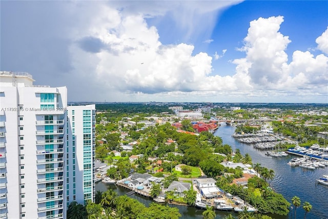 drone / aerial view with a water view