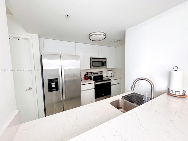 kitchen featuring light stone countertops, a sink, white cabinets, and stainless steel appliances