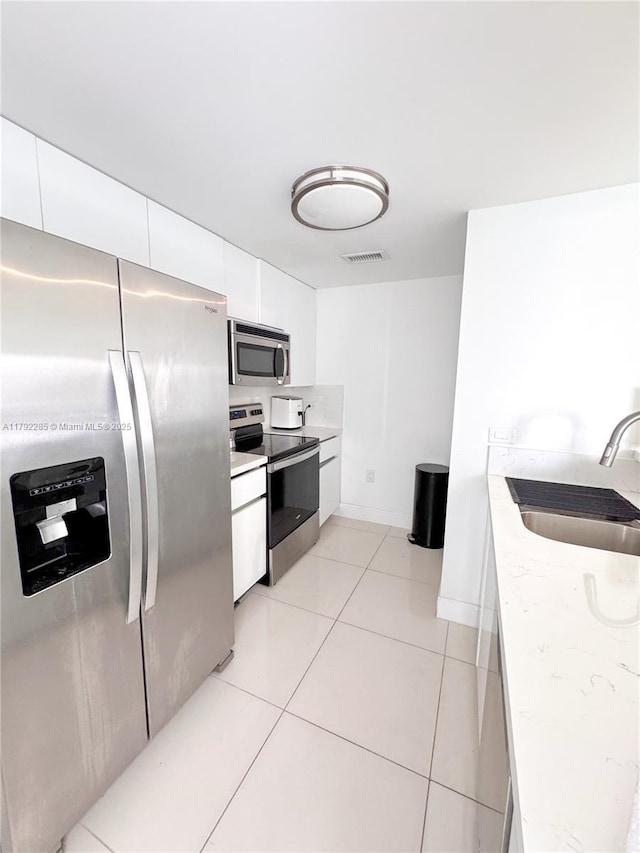 kitchen with white cabinets, visible vents, appliances with stainless steel finishes, and a sink