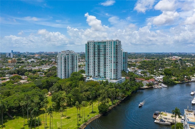 aerial view featuring a city view and a water view