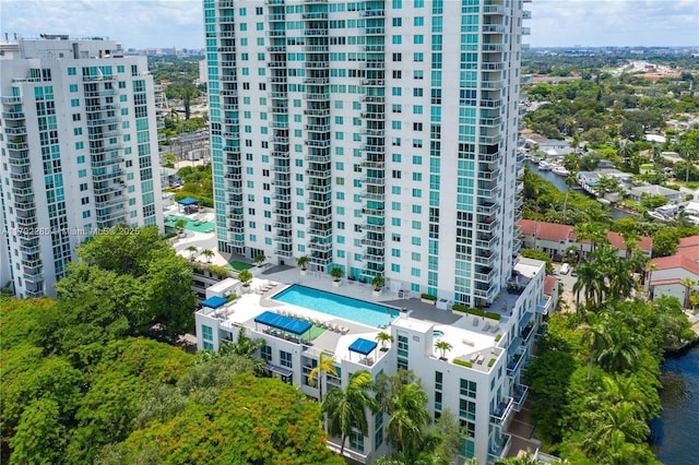 view of building exterior with a water view