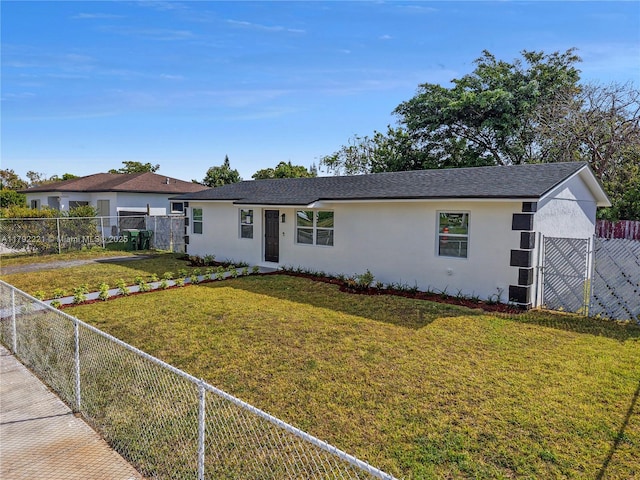 ranch-style house with a fenced backyard, stucco siding, central air condition unit, roof with shingles, and a front lawn