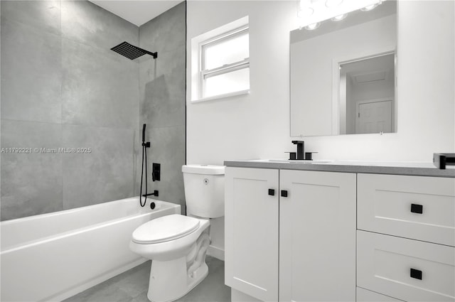 full bath featuring shower / washtub combination, vanity, toilet, and baseboards