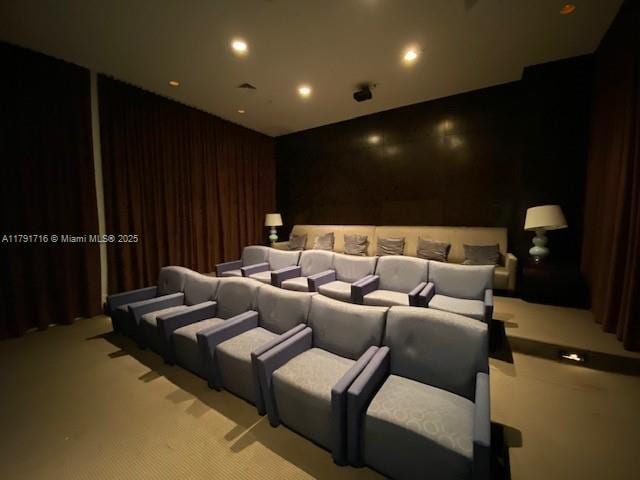 carpeted cinema featuring recessed lighting