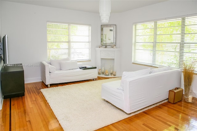 living room with light wood-type flooring and baseboards