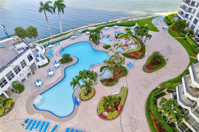 drone / aerial view with a water view