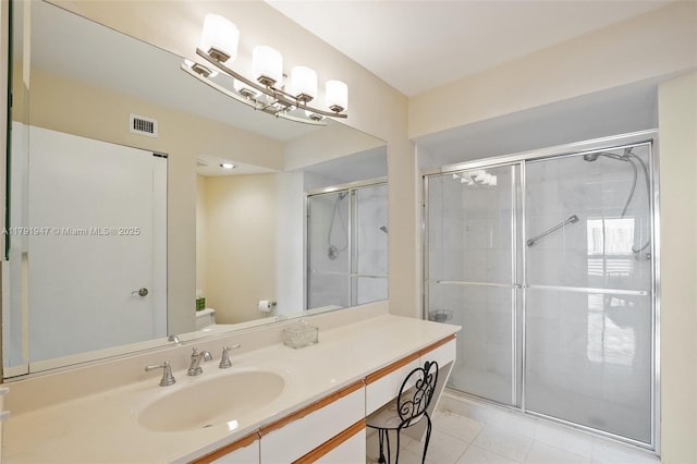 full bath with visible vents, a shower stall, toilet, and vanity