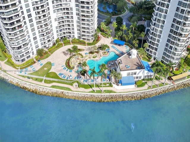 bird's eye view with a water view