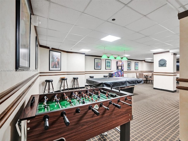 rec room with a drop ceiling, carpet floors, and pool table