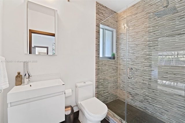 full bath with toilet, vanity, and a shower stall