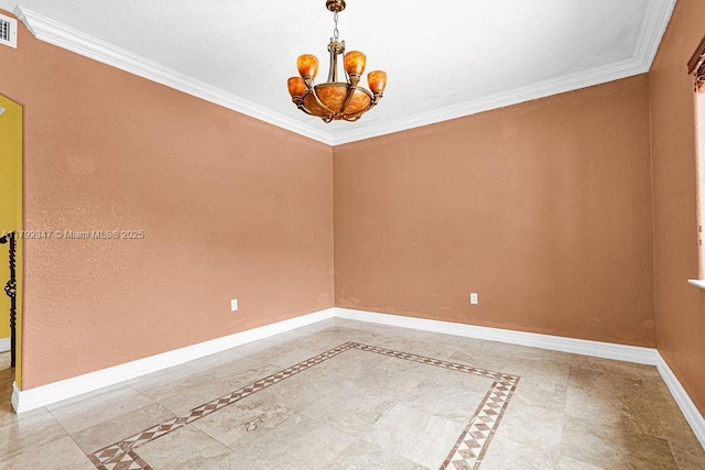 empty room with an inviting chandelier, visible vents, ornamental molding, and baseboards