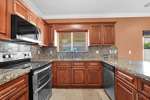 kitchen featuring appliances with stainless steel finishes, backsplash, crown molding, and a sink