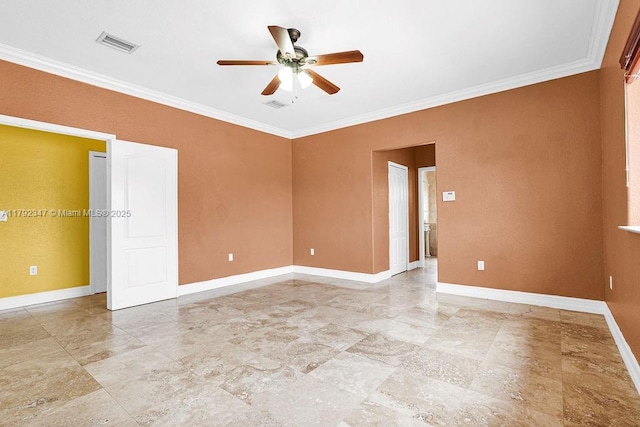unfurnished room with baseboards, visible vents, ceiling fan, and crown molding