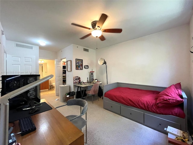 888 S Douglas Rd Unit 119, Coral Gables, FL 33134 - bedroom featuring light colored carpet, visible vents, and ceiling fan