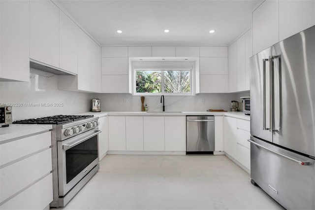 kitchen featuring under cabinet range hood, high end appliances, modern cabinets, and a sink