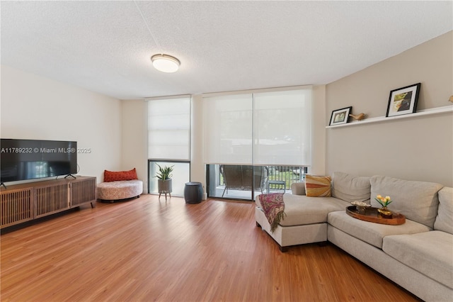 living room with a textured ceiling, floor to ceiling windows, and wood finished floors