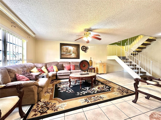 8135 W 9th Ave, Hialeah, FL 33014 - tiled living room with a ceiling fan, stairs, and a textured ceiling