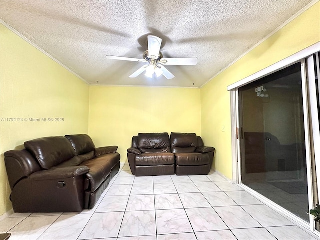 8135 W 9th Ave, Hialeah, FL 33014 - living room with a textured ceiling, crown molding, a ceiling fan, and light tile patterned floors