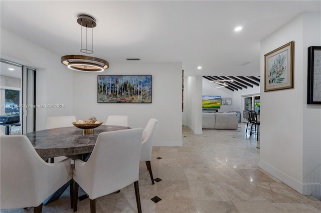 dining room with recessed lighting, visible vents, and baseboards