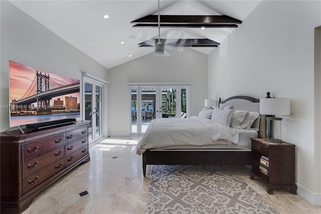 bedroom with recessed lighting, access to outside, marble finish floor, high vaulted ceiling, and french doors