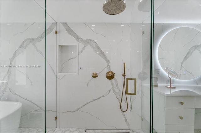 full bathroom featuring a marble finish shower