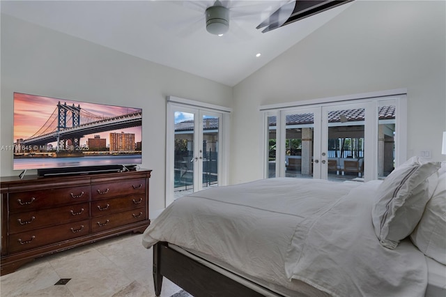 bedroom featuring high vaulted ceiling, access to outside, multiple windows, and french doors