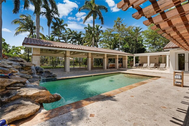 pool featuring a gazebo, a patio area, french doors, and ceiling fan
