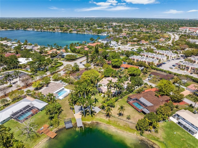 bird's eye view with a residential view and a water view