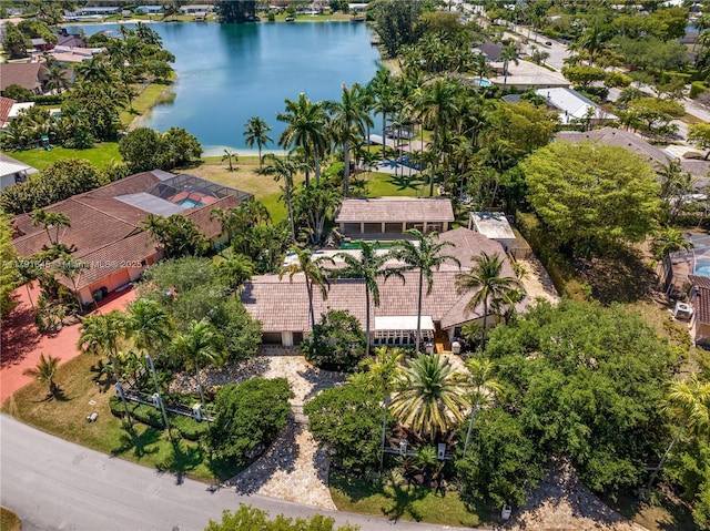 aerial view with a residential view and a water view