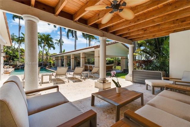 view of patio / terrace featuring an outdoor hangout area, an outdoor pool, and ceiling fan
