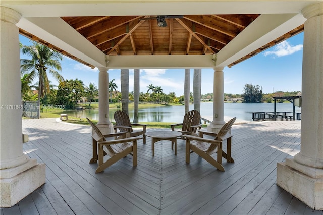 deck featuring a water view and a gazebo