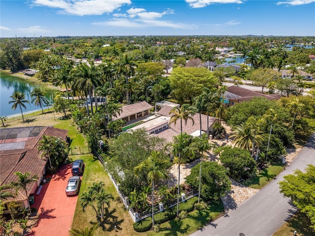 aerial view with a residential view and a water view