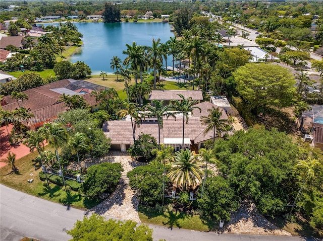aerial view with a water view and a residential view