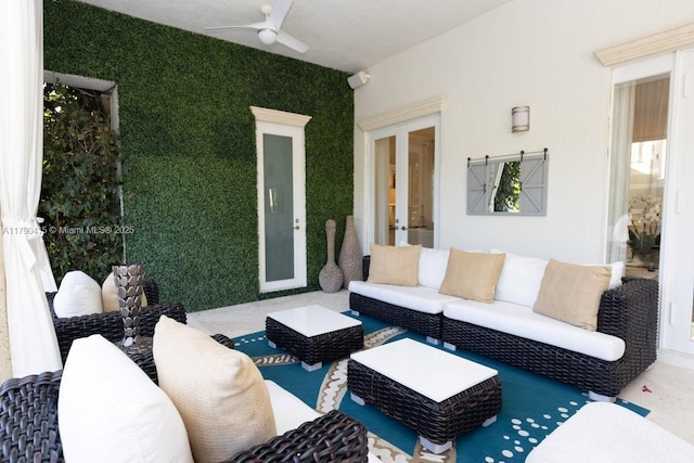 view of patio featuring outdoor lounge area, ceiling fan, and french doors