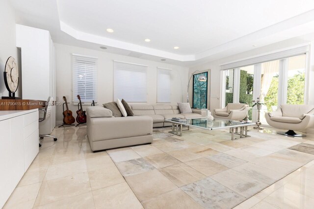living area featuring recessed lighting and a raised ceiling