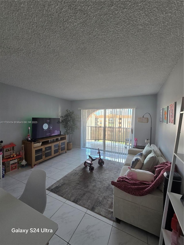 living area with a textured ceiling