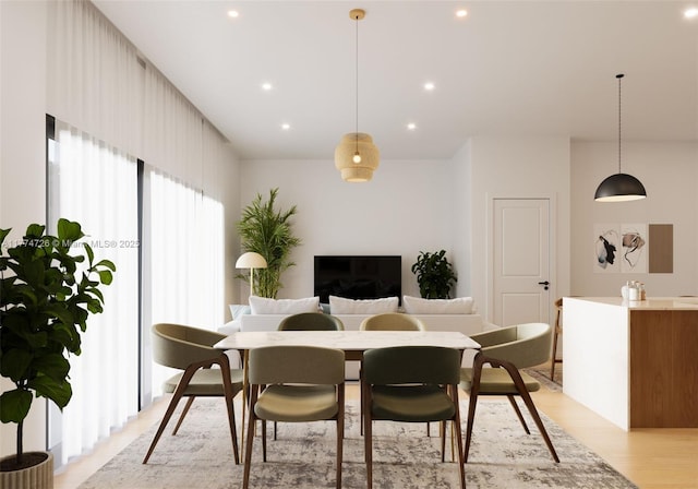 dining room with recessed lighting and light wood-style flooring