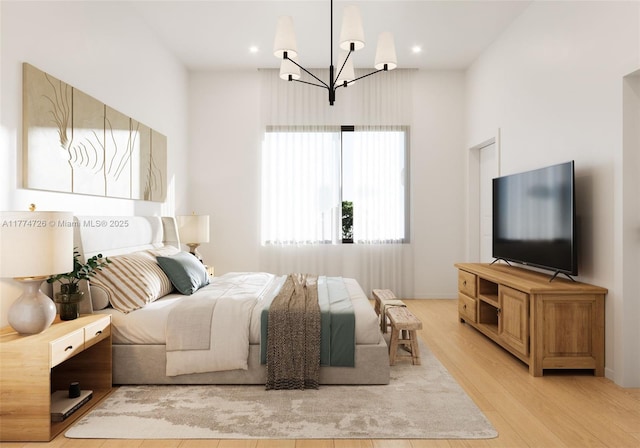bedroom with recessed lighting, a chandelier, and light wood-style floors