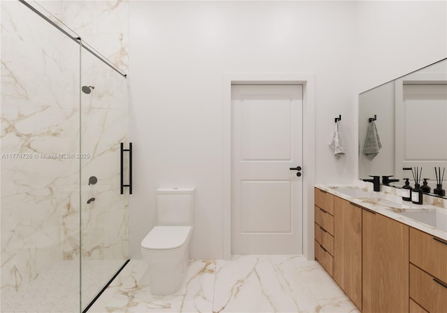 full bathroom featuring double vanity, marble finish floor, toilet, a sink, and a marble finish shower