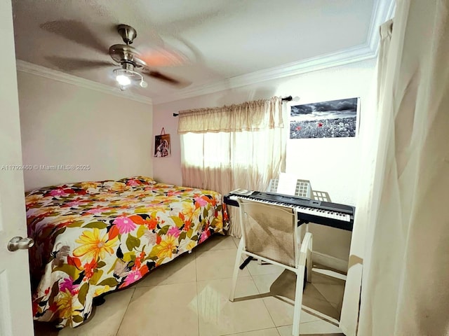 tiled bedroom with a ceiling fan and ornamental molding