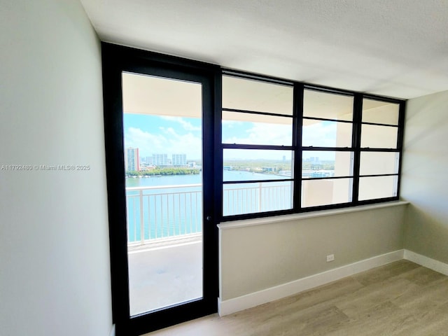 interior space featuring baseboards, a water view, light wood-style flooring, and a view of city